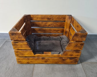 Hundebett Katzenbett Tierbett aus Holz 50 x 40 x 30cm | Rustikal Katze Hund Körbchen Holzkiste Obstkiste Schlafplatz Hundekorb Katzenkorb