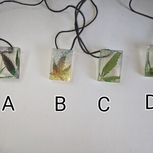 May include: Four rectangular resin pendants with different pressed leaf designs. Each pendant is on a black cord and labeled with letters A through D.