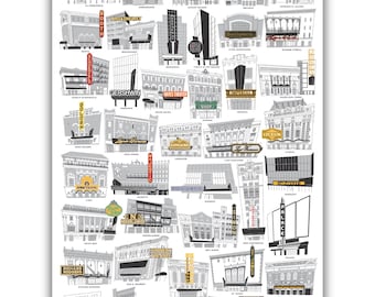 Pode incluir: Uma ilustração em preto e branco de teatros da Broadway na cidade de Nova Iorque. A ilustração mostra as fachadas dos teatros, com os seus nomes e alguns detalhes da sua arquitetura. Os teatros estão dispostos em ordem alfabética, de A a Z.