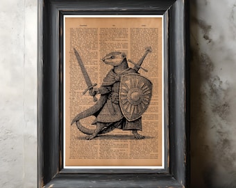 Knight Ferret Vintage Dictionary Art – Medieval Animal Wall Decor, Rustic Illustration Poster, Antique Style Home Decoration