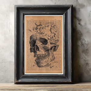 May include: Black framed print featuring a detailed black and white illustration of a skull with a shattered head. The artwork is set against a vintage book page background, creating a gothic aesthetic. The frame is distressed.