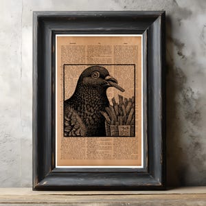 May include: Framed print with a black frame, showcasing a vintage illustration of a pigeon consuming chips. The artwork is set against a backdrop of aged dictionary pages. The black frame adds a classic touch to the artwork.