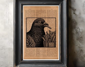 Pigeon Eating Fries Art Print – Retro Fast Food Poster, Vintage Urban Bird Wall Art, Rustic Kitchen & Cafe Decoration