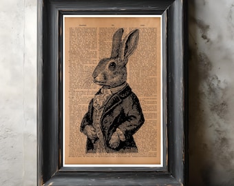 Rustic Gentleman Rabbit Wall Art Print – Vintage Woodland Poster, Antique Dapper Bunny Illustration, Farmhouse Home Decor