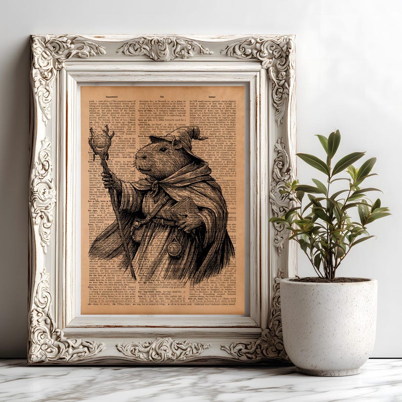 Wizard Capybara Vintage Dictionary Art – Rustic Fantasy Wall Decor ...