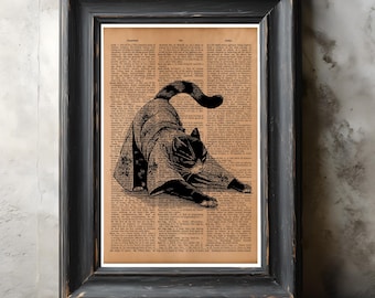 Kimono Cat Stretching Vintage Dictionary Art – Japanese Style Wall Decor, Rustic Cat Illustration Poster