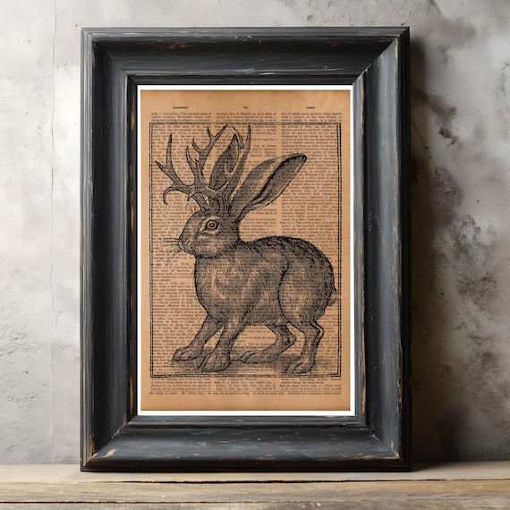Vintage Jackalope Hare Dictionary Print – Antique Animal Art Poster, Rustic Wall Decor, Mythical Illustration, Curiosity Room Decoration