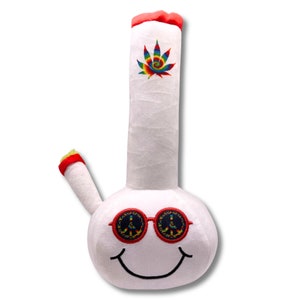 May include: White plush bong with a red rim and a rainbow tie-dye marijuana leaf design. The bong has a smiling face with red peace sign sunglasses.