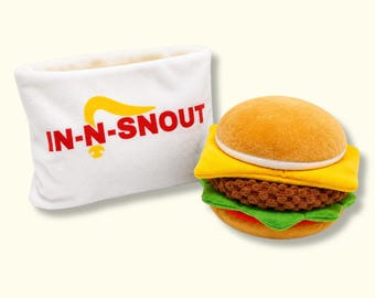 In-N-Snout Interactive Hamburger Dog Toy | 4-in-1 Parody Plush | Squeak, Crinkle and Treat Pockets | Funny Fast Food Design | Unique Gift