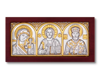Auto-Triptychon-Ikone - Silberne kasanische Mutter Gottes, Jesus Christus und der heilige Nikolaus
