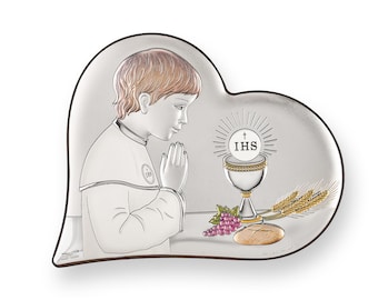 Katholische Ikone Erstkommunion Junge Handgemachtes Silber Religiöses Geschenk für Taufe oder Zeremonie