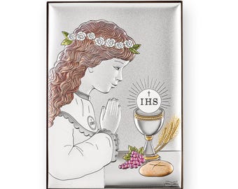 Katholische Ikone Erstkommunion Mädchen Handgemachtes Silber Religiöses Kunstwerk Glaube und Segen Geschenk