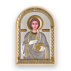 Silver Orthodox Icon of Panteleimon / Greek / Silver canvas / Handmade / Plastic base / Silver Icon