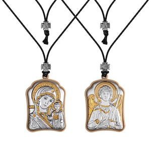 Suspension of the Kazan Mother of God and Guardian Angel / Greek / Silver cloth / Handmade / Silver icon