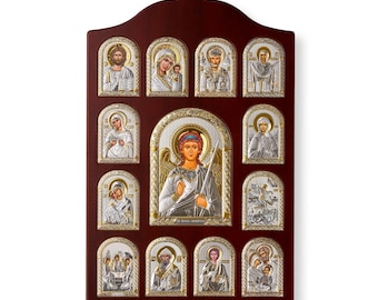Silberner Wand-Ikonostase – Schutzengel mit 12 Heiligen – Handgemachtes christliches Geschenk