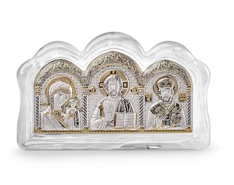 Murano Glas Silber Ikonen-Triptychon, Jesus Christus Kasan und St. Nikolaus