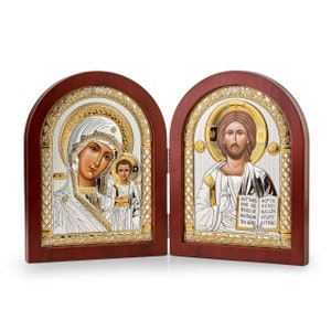 Diptych of Jesus Christ The Wisdom of God and Virgin Mary of Kazan Byzantine Silver Orthodox Icon / Greek / Handmade