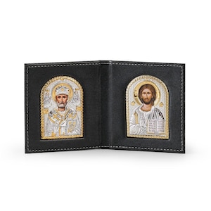 Laying of the Savior and St. Nicholas Silver Orthodox Icon / Greek / Silver Canvas / Handmade / Silver Icon