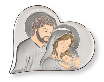 Katholische Ikone der Heiligen Familie Handgefertigtes Silber Religiöses Geschenk für den Haussegen
