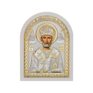 Saint Nicholas Byzantine Silver Orthodox Icon / Greek / Silver Canvas / Handmade / Silver icon