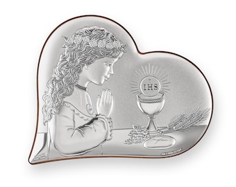 Katholische Ikone Erstkommunion Mädchen Handgemachtes Silber Religiöses Kunstwerk Glaube und Segen Geschenk