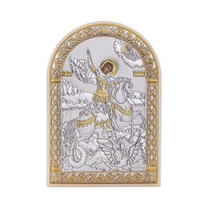 Saint George Silver Orthodox Icon / Greek / Silver Canvas / Handmade / Plastic base / Silver icon