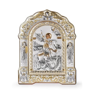 Saint George Silver Orthodox Icon / Greek / Silver Canvas / Handmade / Silver icon