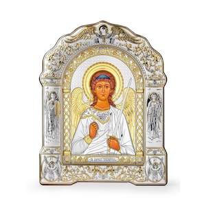 Guardian Angel Silver Orthodox Icon / Greek / Silver Canvas / Handmade / Silver icon