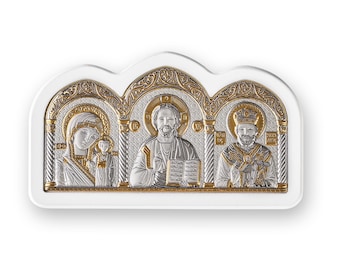 Handgemachte Silber Triptychon Ikone Kasaner Mutter Gottes Jesus St. Nikolaus
