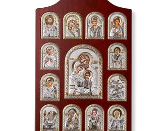 Silber Wand Ikonostase – Die Heilige Familie mit 12 Heiligen – Handgemachtes Christliches Haussegen Geschenk