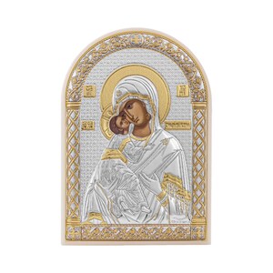 Virgin of Vladimir Silver Orthodox Icon / Greek / Silver Canvas / Handmade / Plastic base / Silver icon