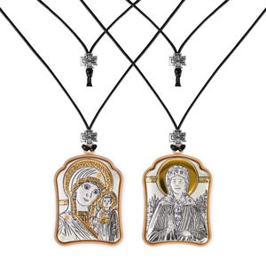 Suspension of Kazan Mother of God and Matrona / Greek / Silver cloth / Handcrafted / Silver icon