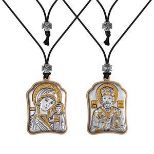 Suspension of Kazan Mother of God and Nicholas / Greek / Silver cloth / Handwork / Silver icon