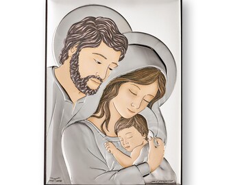 Katholische Ikone der Heiligen Familie – Handgefertigtes Silbernes Religiöses Geschenk für den Haussegen