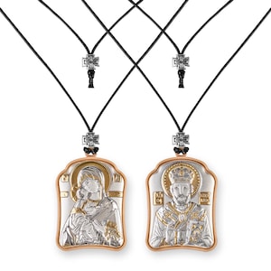 Suspension of Saint Nicholas and Vladimir Mother of God / Greek / Silver cloth / Handwork / Silver icon