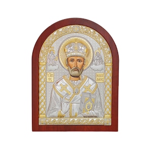 Saint Nicholas Byzantine Silver Orthodox Icon / Greek / Silver Canvas / Handmade / Silver icon