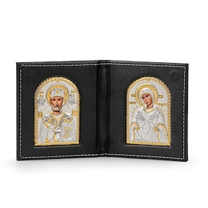 St. Nicholas and Seven-strelled Mother of God Orthodox Icon / Greek / Silver Canvas / Handmade / Silver Icon