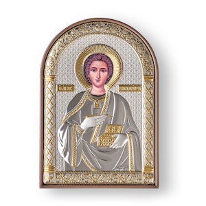 Silver Orthodox Icon of Panteleimon / Greek / Silver canvas / Handmade / Plastic base / Silver Icon