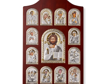 Silberne Wand Ikonostase – Jesus Christus mit 12 Heiligen – Handgemachtes christliches Geschenk