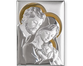 Katholische Ikone der Heiligen Familie Handgefertigtes Silber Religiöses Geschenk für den Haussegen