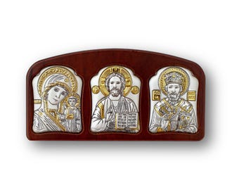 Auto-Triptychon-Ikone - Silberne kasanische Mutter Gottes, Jesus Christus und der heilige Nikolaus