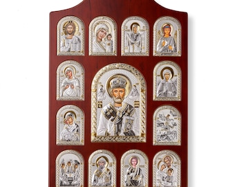 Silber Wand Ikonostase – Nikolaus mit 12 Heiligen – Handgemachtes Christliches Haussegen Geschenk