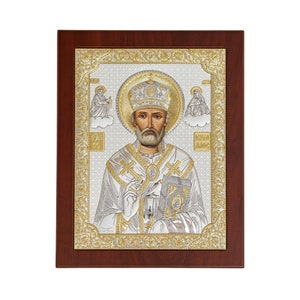 Saint Nicholas Byzantine Silver Orthodox Icon / Greek / Silver Canvas / Handmade / Silver icon