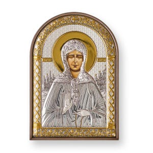 Silver Orthodox Icon of Matrona / Greek / Silver canvas / Handmade / Plastic base / Silver Icon