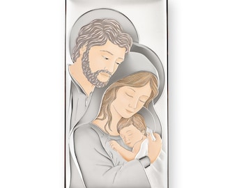 Katholische Ikone der Heiligen Familie Handgefertigtes Silber Religiöses Geschenk für den Haussegen