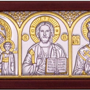 Triptych Savior Kazan and St. Nicholas Silver Orthodox Icon / Greek / Silver Canvas / Handmade / Silver Icon