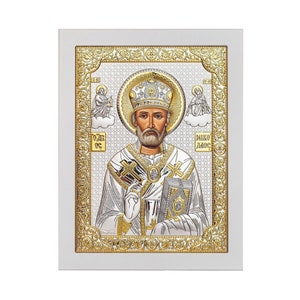 Saint Nicholas Byzantine Silver Orthodox Icon / Greek / Silver Canvas / Handmade / Silver icon
