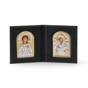 Icon of the Mother of God of the Seven Sorrows and Guardian Angel / Greek / Silver cloth / Handcrafted / Silver icon