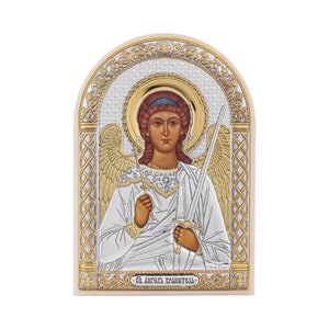 Guardian Angel Silver Orthodox Icon / Greek / Silver Canvas / Handmade / Plastic base / Silver icon