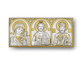 Car Triptych Icon – Silver Kazan Mother of God, Jesus Christ & Saint Nicholas